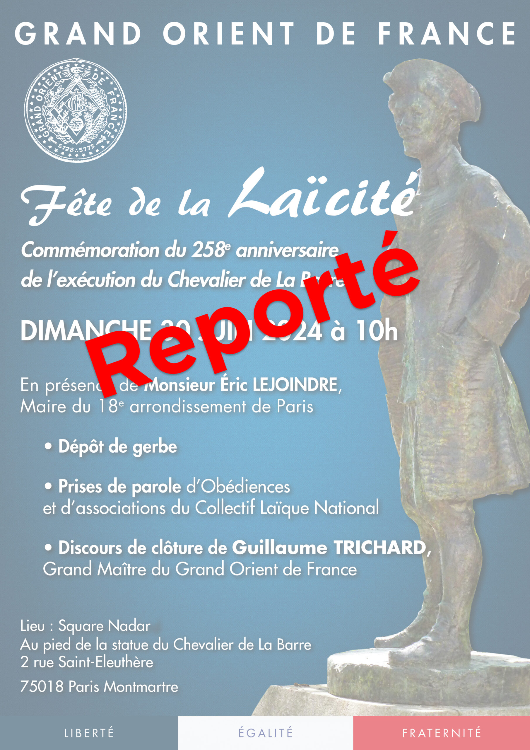 Fête de la Laïcité - Commémoration du 258e anniversaire de l’exécution du Chevalier de La Barre