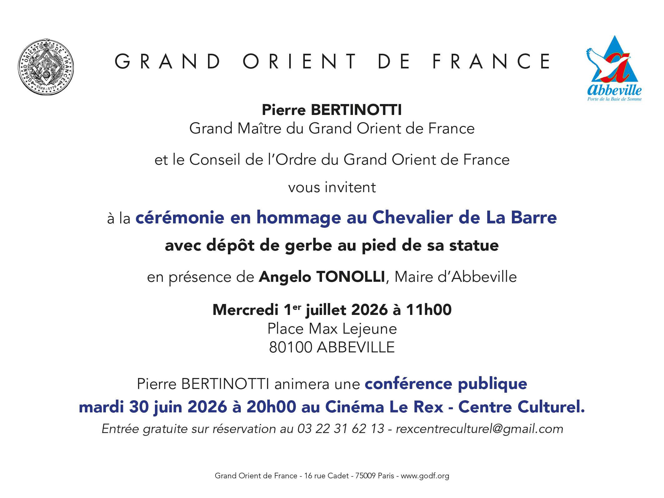Cérémonie en hommage au Chevalier de La Barre et conférence publique